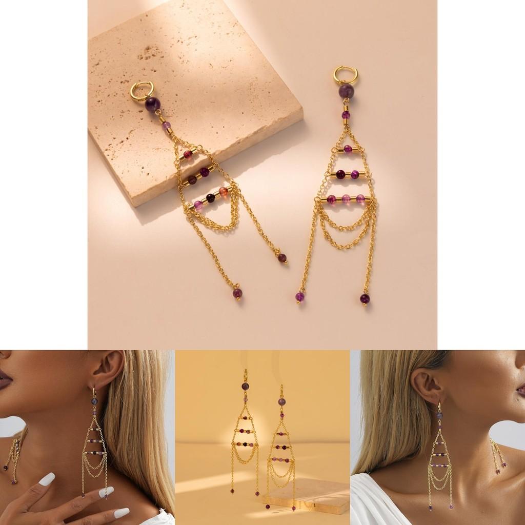 Elegant Geometric Gold Plated Purple Crystal Chain Dangle Earrings For Women