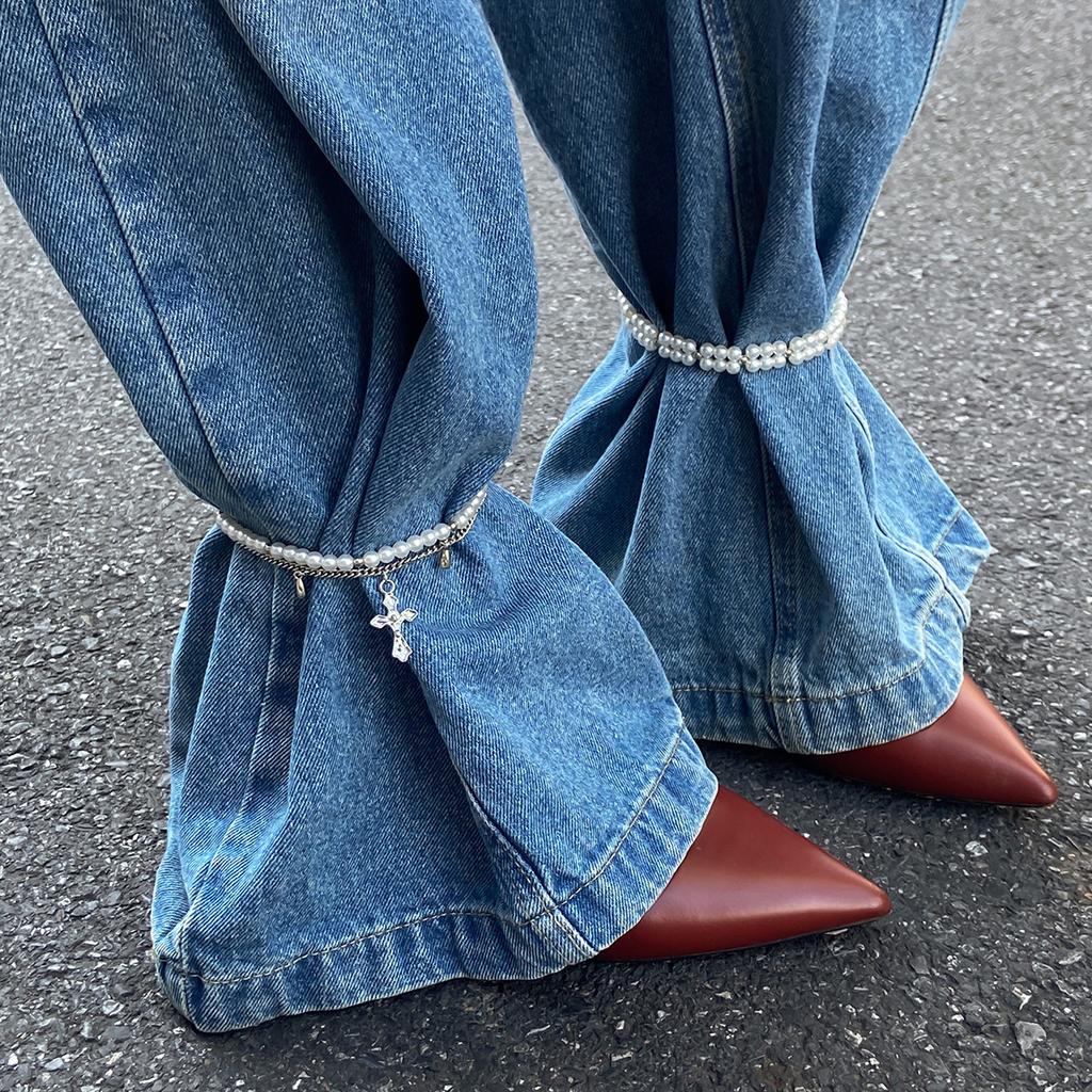 ins romantic Su chain pants anklet decoration, beaded imitation pearl diamond cross shortened foot decoration