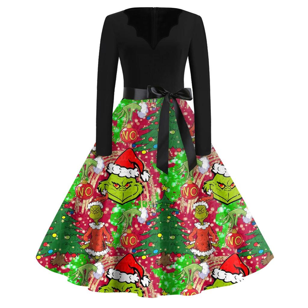 Dámské módní šaty s V výstřihem, ležérního střihu, slim-fit, s vánočním potiskem a dlouhým rukávem