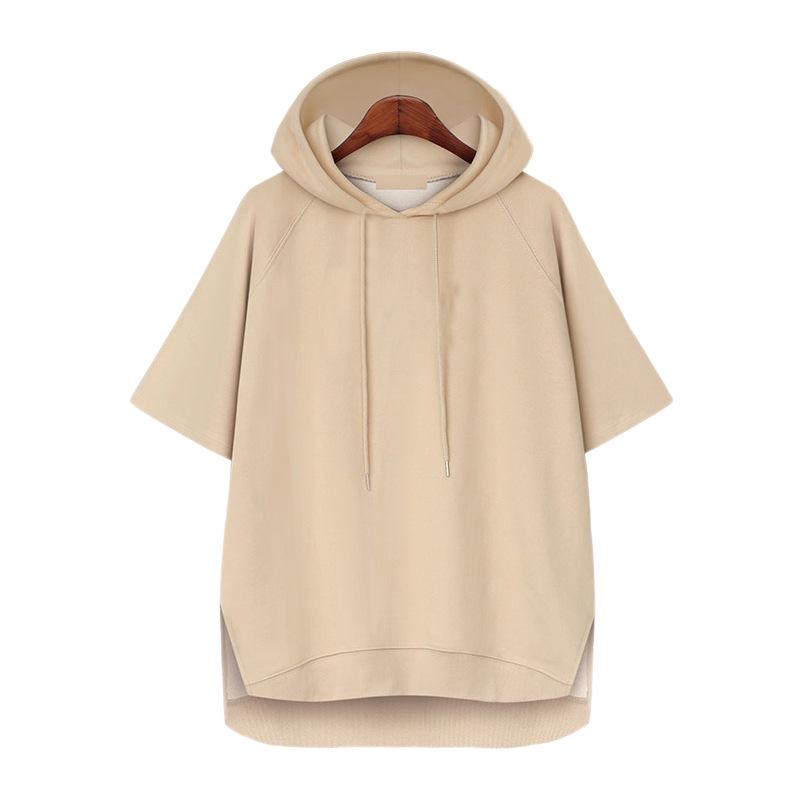 Korean-Style Solid Color Hooded T-Shirt: Simple Summer Drawstring Short Sleeve Loose Fit, for Women, Campus Casual, 200 Jin Size.