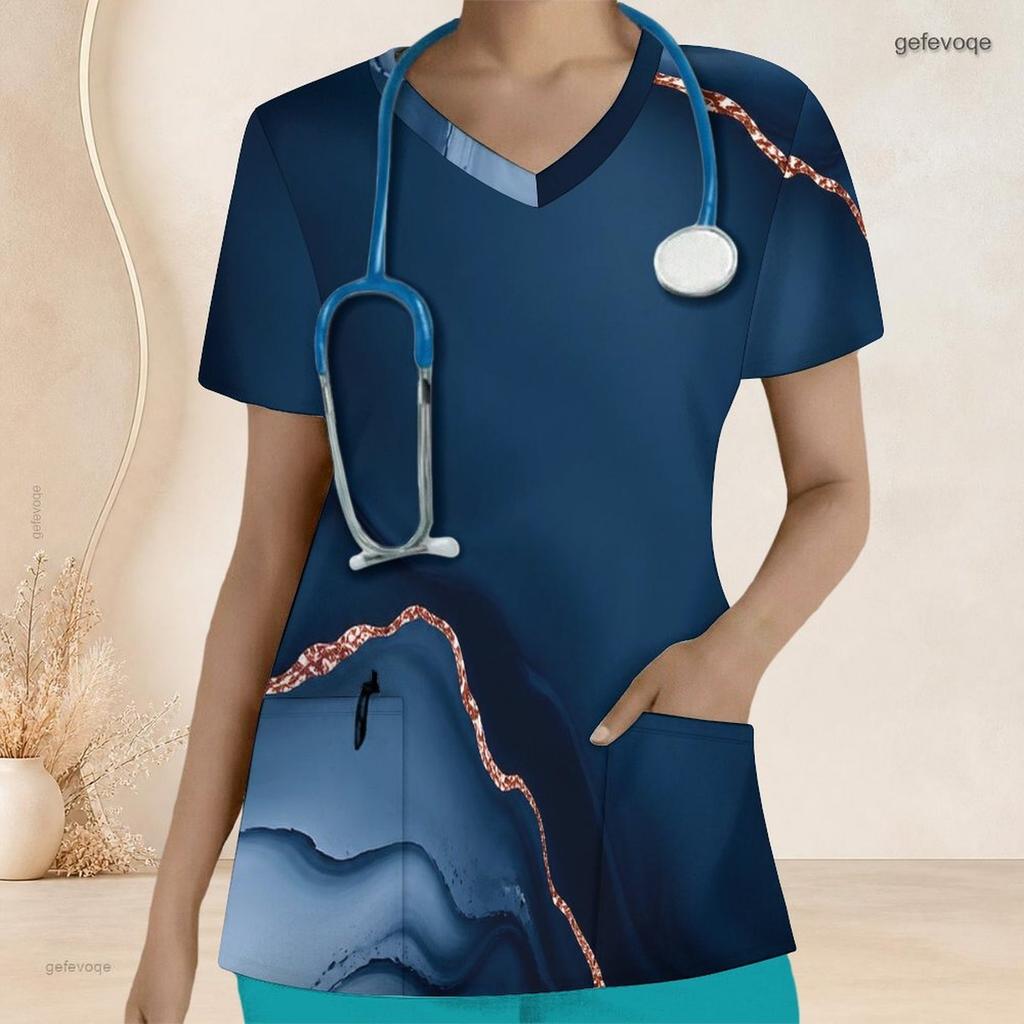 Women Plus Size Navy Blue Printed V Neck Short Sleeve Nurse Scrub Top With Front Pockets