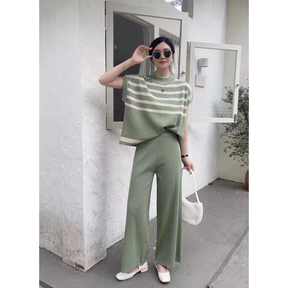 Simple High-end Fashion Niche Striped Knitted Vest Top Fashion Slim-fitting Wide-leg Pants Women