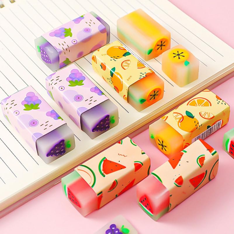 Lurrose Pencil Elementary School School and Office Supplies 12-Piece Fruit-Shaped Erasers, High-Performance, Fun, Stationery, (Random Styles)