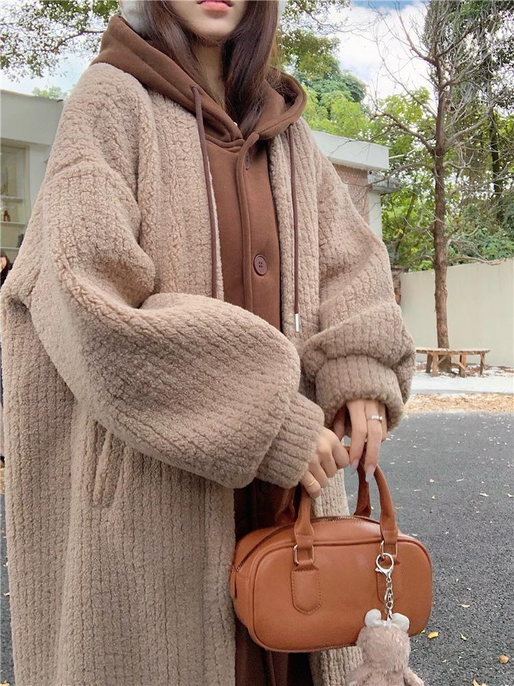 Women's Faux Two-Piece Hooded Lamb Wool Coat - Thick, Stylish Korean Winter Long Coat