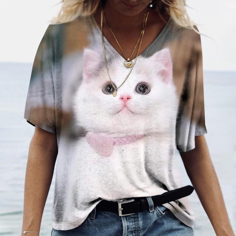 Summer V-neck 3D Kawaii Cat Printed Top Fashionable Casual Short Sleeved Women's T-shirts