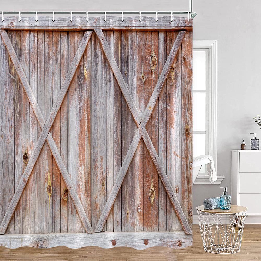 Rustic Barn Door Shower Curtains Grey White Brown Wooden Board Vintage Farmhouse Decorative Polyester Fabric Bathroom Curtains