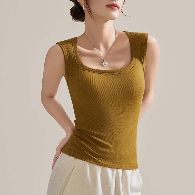 

Women s White Padded Vest with Side Support, Wireless Slim Fit Top, Pumpkin Neck, Wide Shoulders, Summer Base Layer Shirt M (80-100 cm)