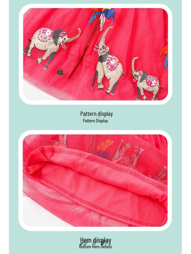 Girls' Cartoon Elephant Embroidered Striped Mesh Dress - Spring/Summer Short Sleeve