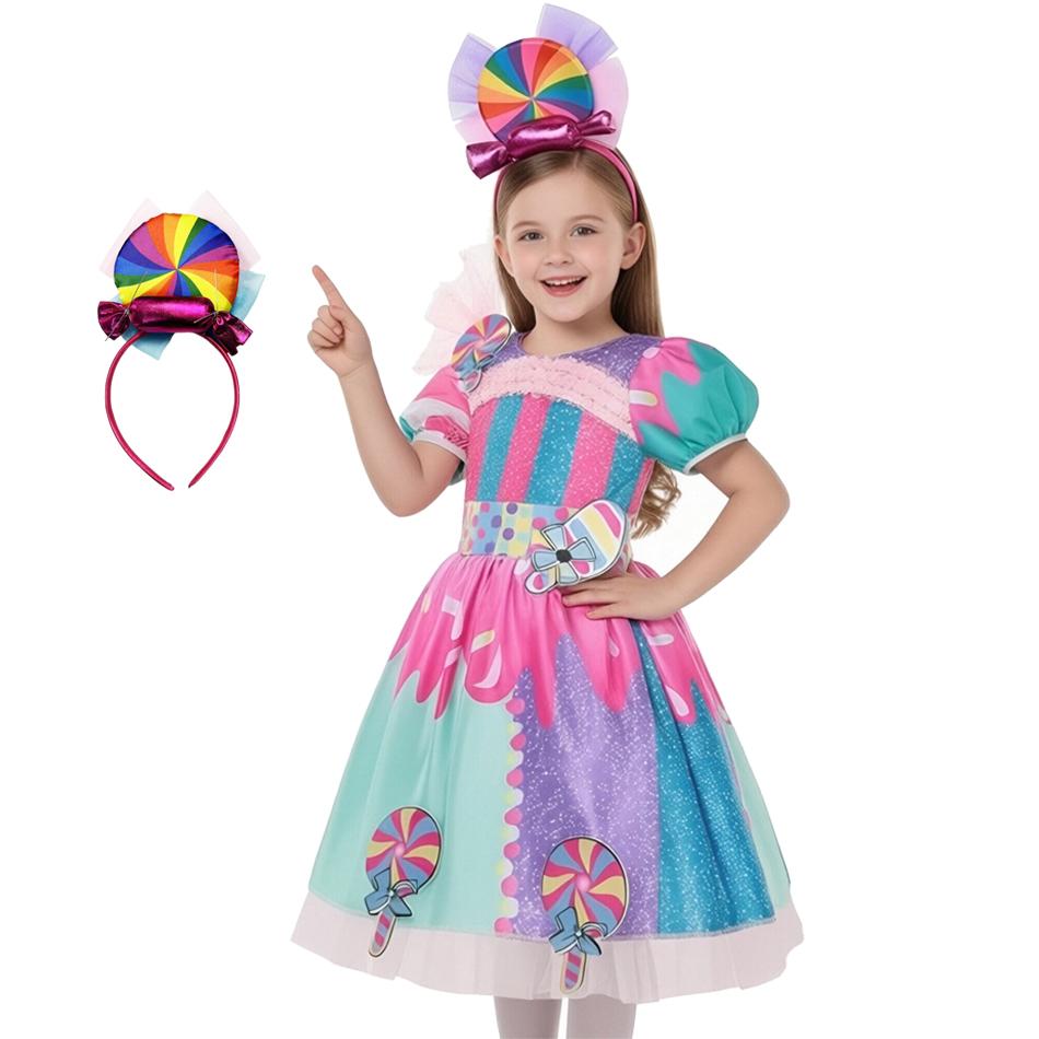 Purim Girls Lollipop Candy Dress With Headband 2 PCS Set Princess Cosplay Carnival Birthday Party Gift Cute Rainbow Costume