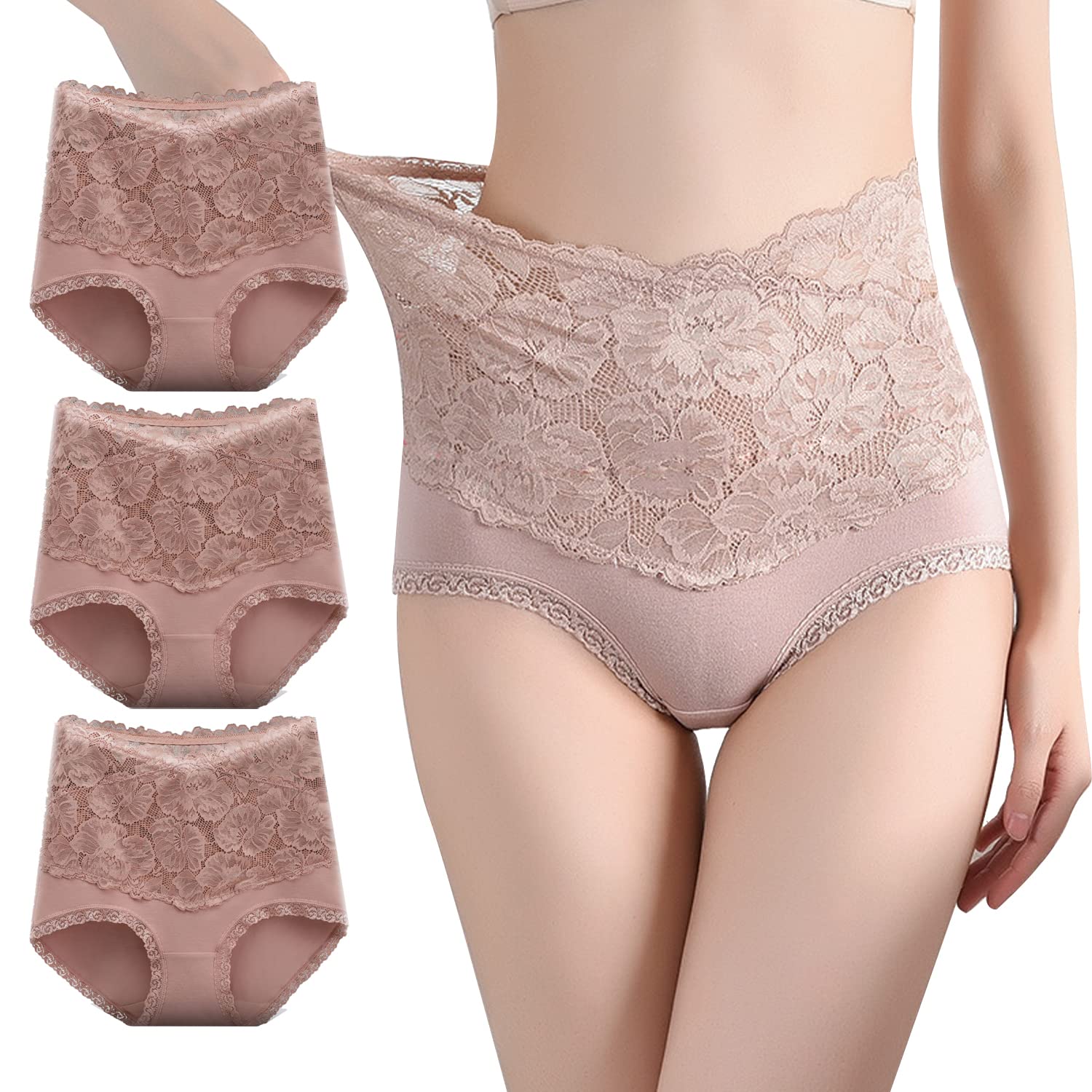 

CHUJNX Глубокое хлопковое кружево Плюс LL женских трусиков с высокой талией, Размеры, Трусики для похудения ягодиц, M, L, XL, [Набор 3] (Л, Хаки)