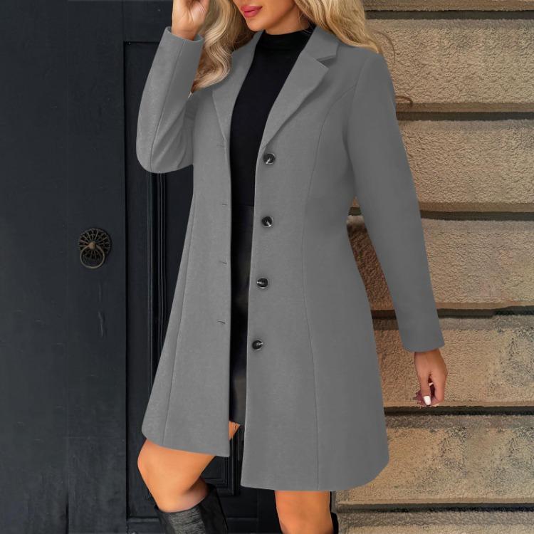 Woolen Long Coat Women Solid Color Lapel Button Long Sleeved Coat