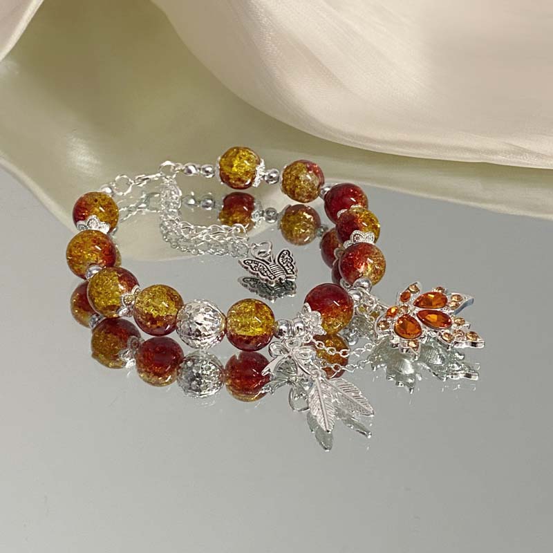 New Trendy Red Crystal Beaded Maple Leaf Bracelet for Women Fashion Butterfly Feather Pendant Bracelet Friendship Zircon Gift