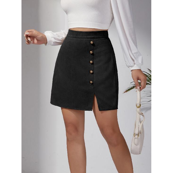 Damen Uni Wildlederrock Europäisch und Amerikanisch Hohe Taille Metallschnalle Bodycon Kurzer Rock