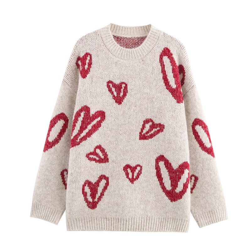 Kaslead New Arrival Women's Clothing Fashion Style Thickened Heart Jacquard round Neck Knitted Pullover Sweater