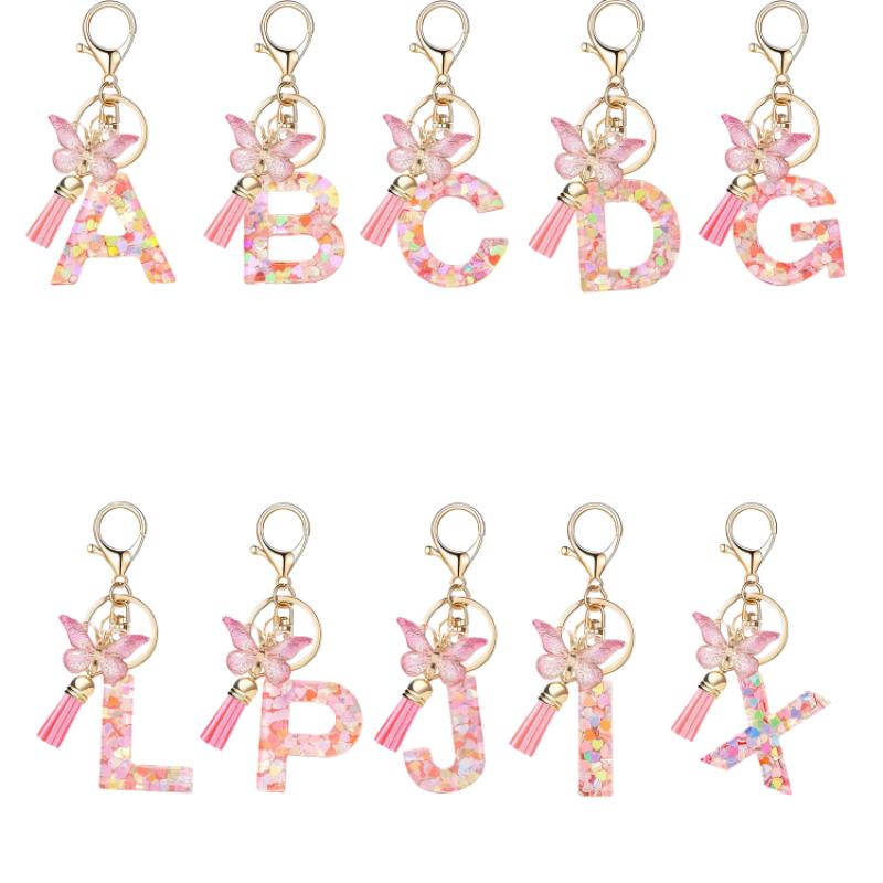 English Alphabet Letter Tassels Keychain Pink Butterfly Pendant Key Chain Women Car Key Ring Bag Jewelry Simple Letter Name Gift