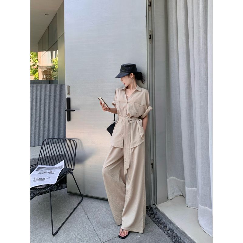 Kumikumi Fashion White Suit Short Sleeve Shirt Women Fall High Waist Slim Looking All-Matching Casual Trousers Two-piece Set