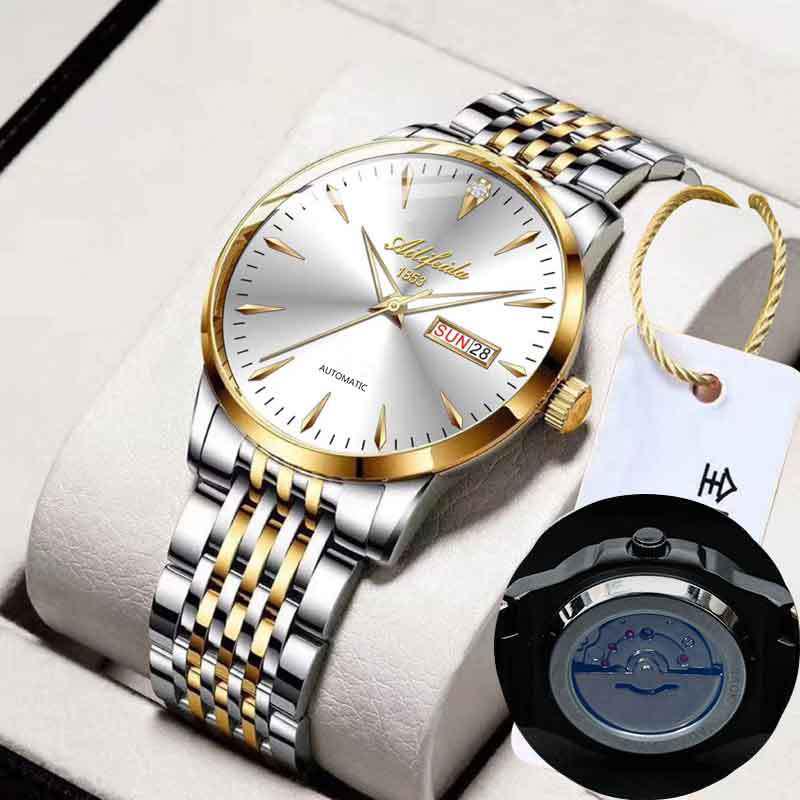 Aili Feida Men's Quartz Waterproof Watch with Hollow Back and Calendar Feature.