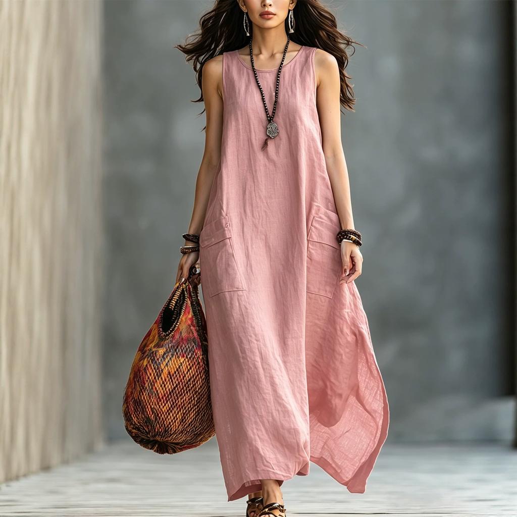 Women's Sleeveless Vintage Dress with Pockets, Loose Fit Color for Casual Daily Wear