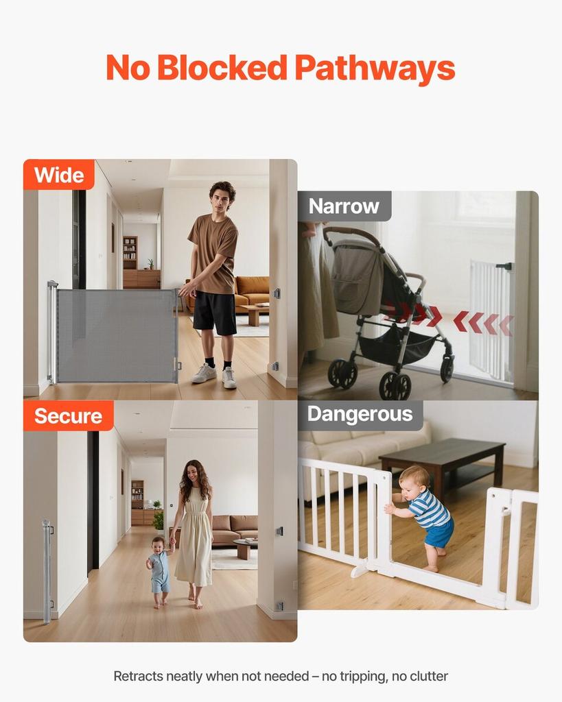 Retractable Baby Gate, Extends to 1430 mm Wide, 795 mm Tall, with Security Lock, Easy to Use, Walk Through Without Tripping, Mesh Dog Gate for Stairs,