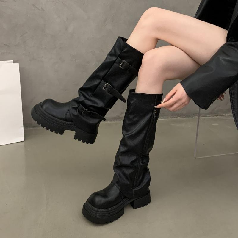 

Thick-soled pleated belt buckle trouser boots women s 2025 new European and American side zipper but knee fashion boots knight boots tide 40