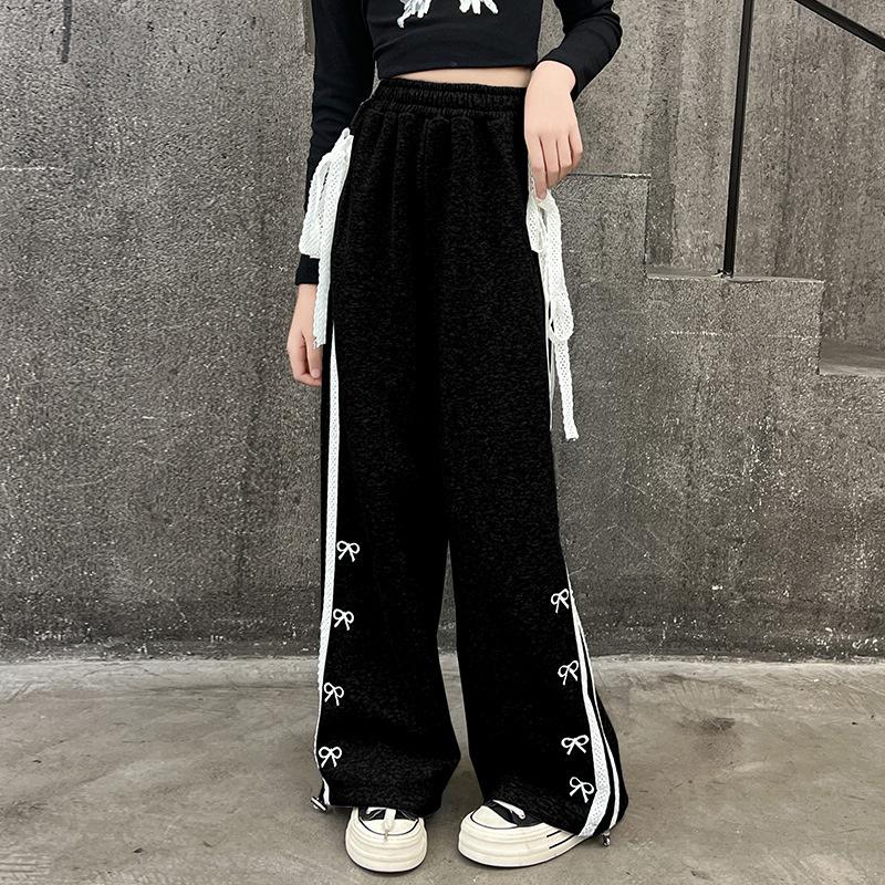 

Широкие брюки для девочек Детские повседневные брюки свободного кроя Новые весенние матовые спортивные штаны на шнурке Подростковые модные прямые брюки 5-14 лет 150 чёрный