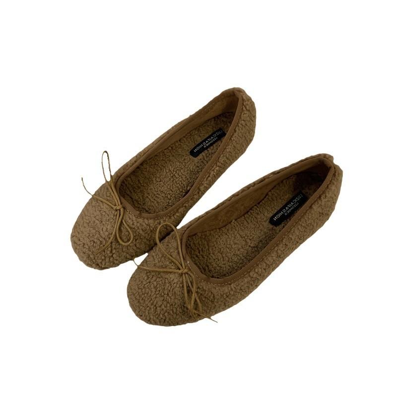 2025 höst och vinter nya ullskor dam lammull rosett låg skärning sammet mormorsskor enkla skor