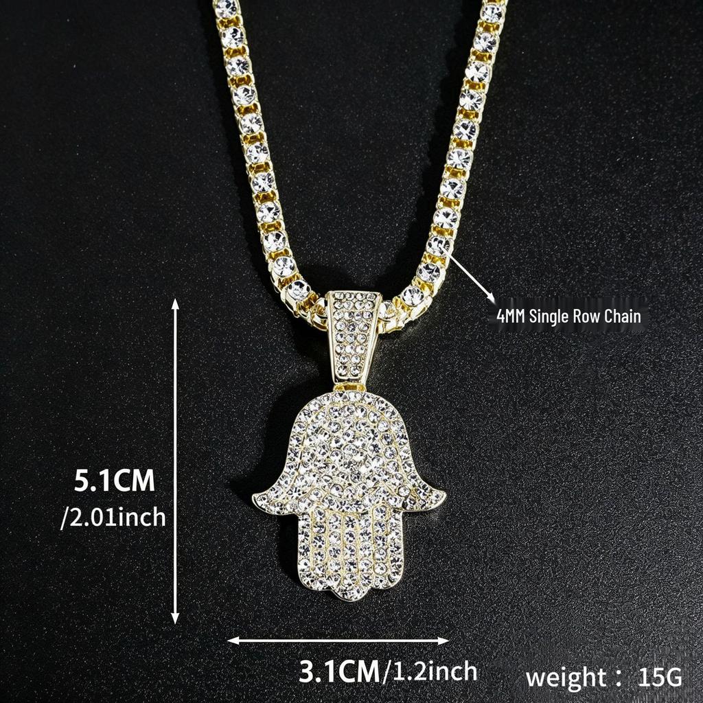 Hamsa Fatima Hand Necklace with Diamond Encrusted Pendant and Hip Hop Chain