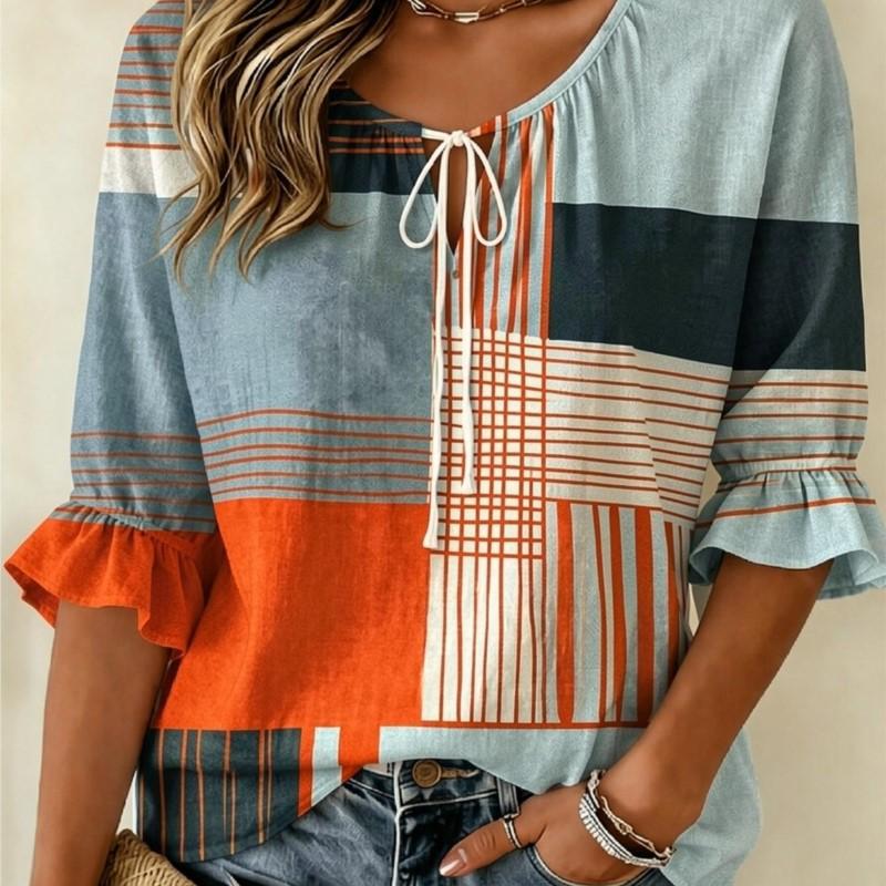 Women's Color Block Plaid Striped Blouse Tie Neck Ruffle 3/4 Sleeve Retro Casual Top for Outing Vacation Wear