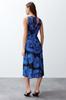Women's Fashion Blue Patterned Gathered Double Breasted V-Neck Flexible Knitted Midi Dress