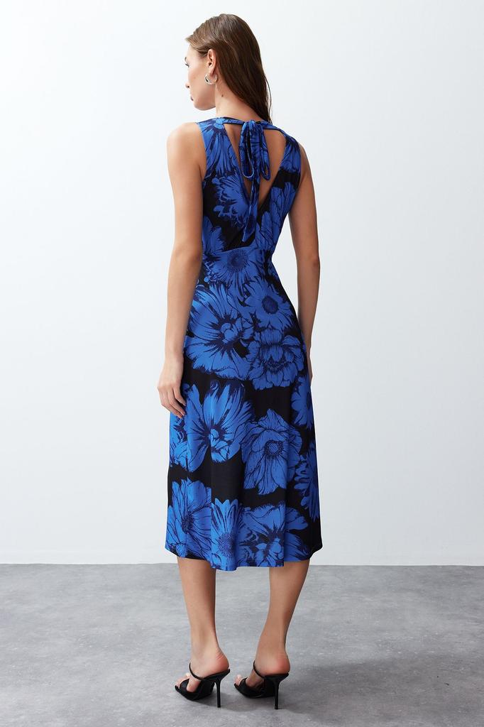 Women's Fashion Blue Patterned Gathered Double Breasted V-Neck Flexible Knitted Midi Dress