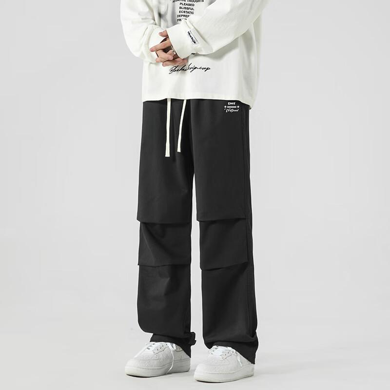 CLOR Pure Cotton Cargo Pants for Men, Spring And Summer Paratrooper Casual Loose-Fit Straight-Leg Trousers, CM02 Black XL