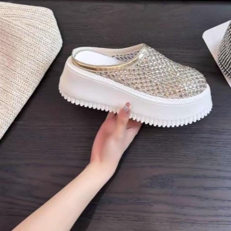 Heightened Sandals Summer New Round Toe Deep Slip Rhinestone Mesh Breathable Versatile Wrapped Head Flip-Flops