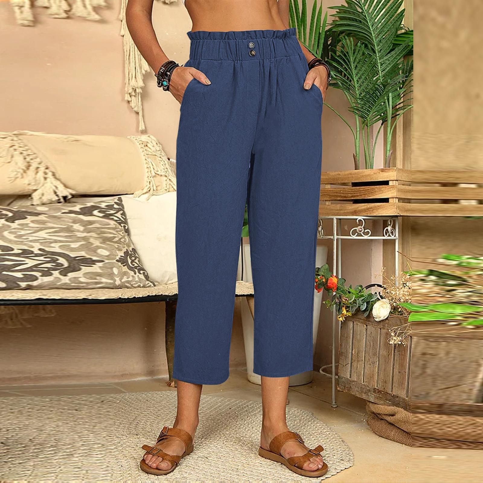 

Женские прямые брюки с карманами и эластичной резинкой на талии, однотонные укороченные брюки, повседневные брюки XL тёмно-синий