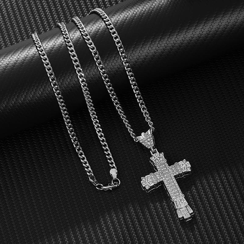 Simple Style Rhinestone Christian Cross Rhinestone Pendant Necklace Personality Fashion Street Domineering Chain Jewelry