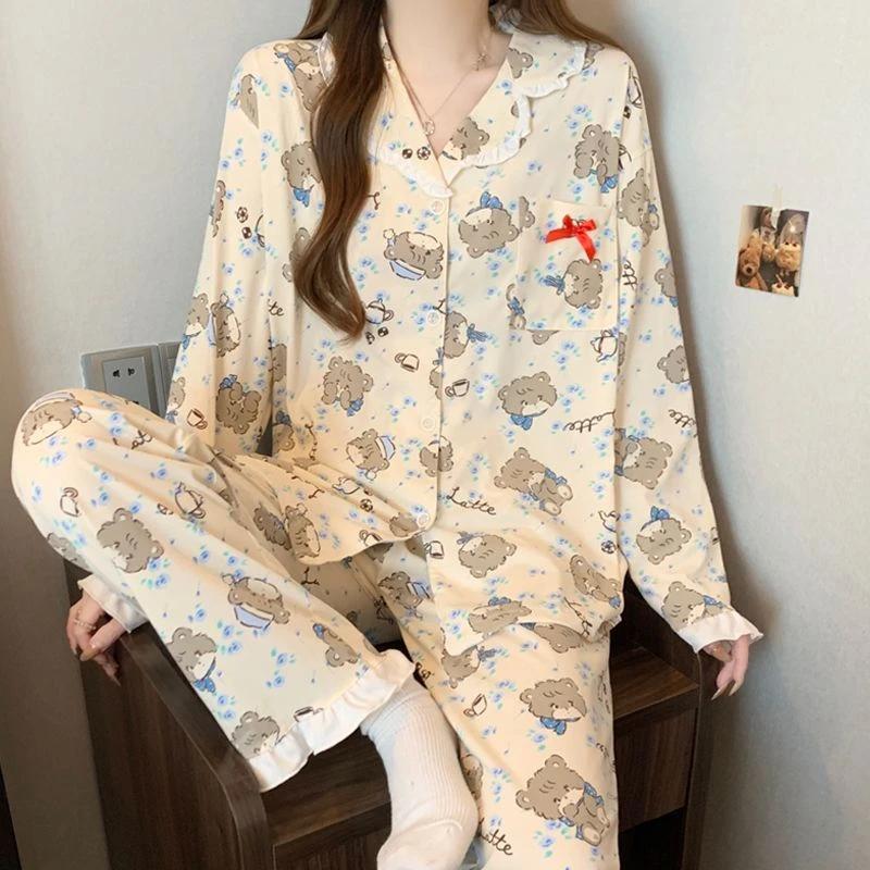 

Мультяшный Спящий Медведь Принт Голубых Роз Женская Пижама Романтичное Кружево Модная Эстетика Домашняя Одежда Новая Искусственный Хлопок Леди Домашняя Одежда XXL бежевый