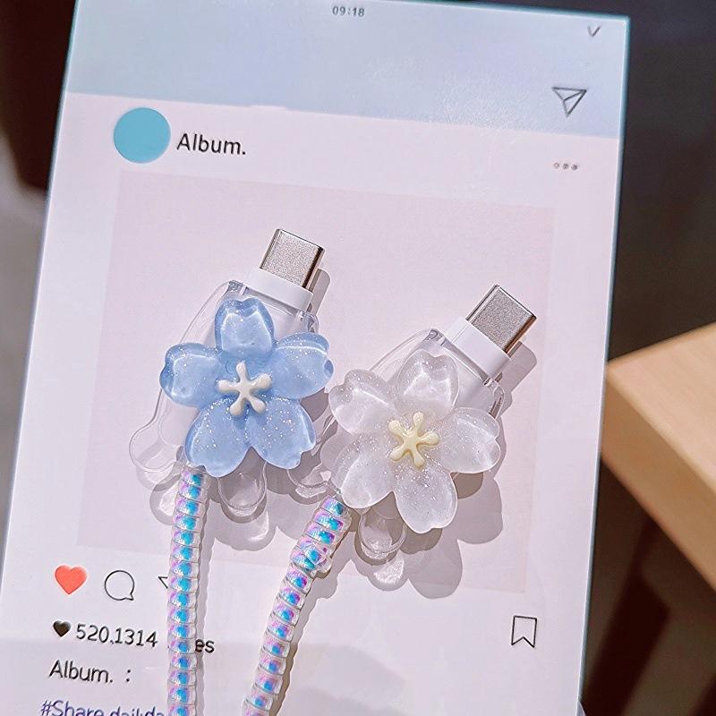 Flower Transparent Usb 20W Phone Charger Protective Case With Cable Winder Cover For Iphone Power Adapter Protector
