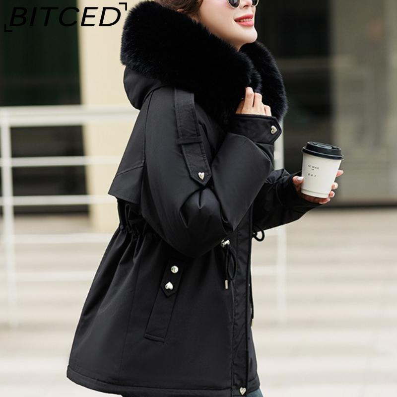 BITCED Fleece-Lined Thickened Down-Filled Cotton Coat for Women - Short Style Autumn/Winter Waist-Defining Design with Large Fur Collar
