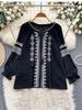 Women's Spring Autumn Shirt New Retro Bohemian Embroidered Lace Up Lantern Long Sleeves Blouse Top