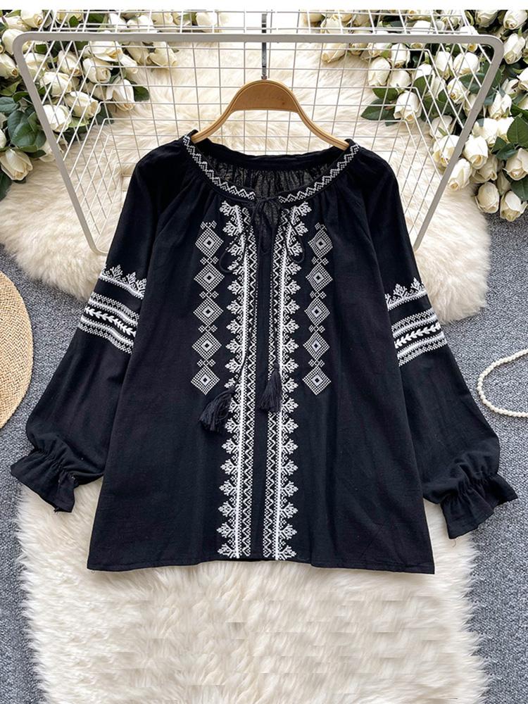 Women's Spring Autumn Shirt New Retro Bohemian Embroidered Lace Up Lantern Long Sleeves Blouse Top
