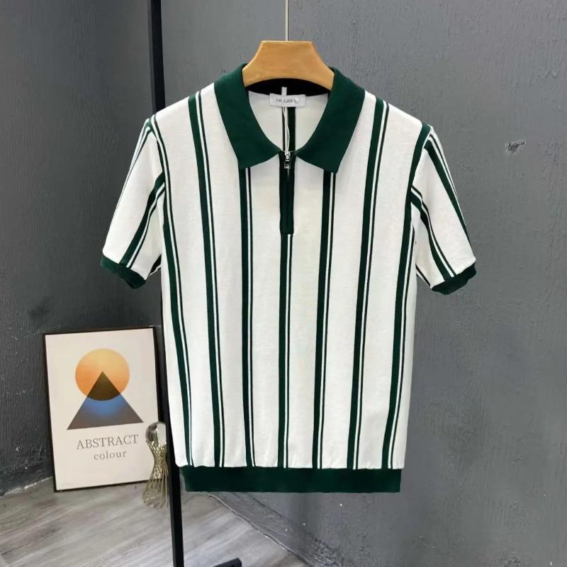 Summer Men s Knitting Stripe Short Sleeve T Shirt Men Casual Button Fashion Fashion Polo Shirt S белый