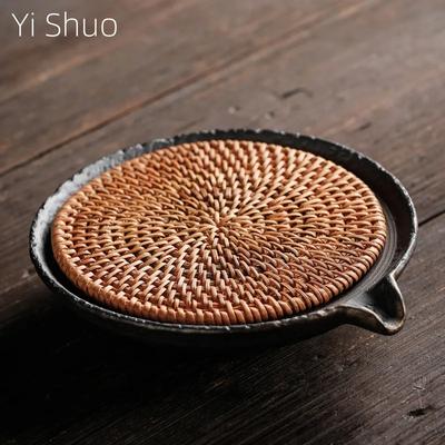 Tapis en rotin Support de pot Grand circulaire Créatif avec céramique Hu Dian d'eau Accessoires de thé faits à la main Plateau à thé Ensemble de thé Kung Fu