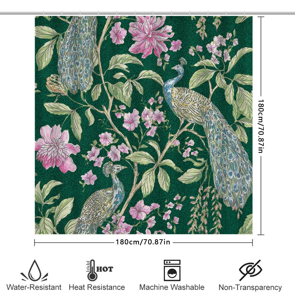 Peacock Floral Green Bath Mat Shower Curtain Decorative Home Textile Waterproof Decoration for Bathroom Pink Flowers Pattern 3D