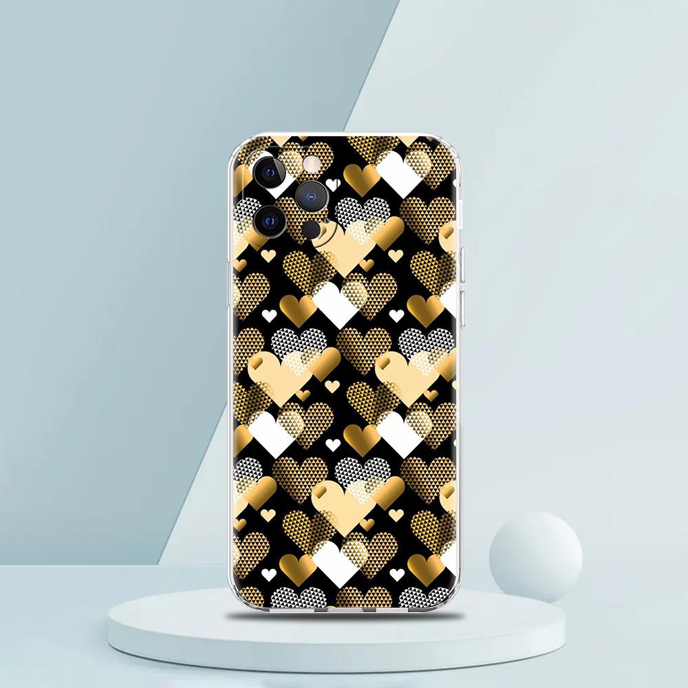 

Gold Pink Rose Glitter Hearts Luxury Phone Case For iPhone 16 15 14 13 12 11 Pro Max XS X XR SE 7 8 Plus Silicone Clear Cover iPhone 14