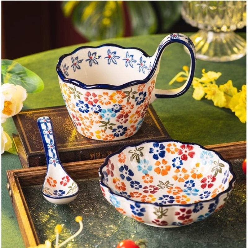 Suppenschalen mit Henkeln, Keramik Teller und Schüssel Sets mit Tasse, Löffel, Polnische Keramik Tasse für Frühstück, Snacks, Dessert, Spülmaschinen- und Mikrowellengeeignet