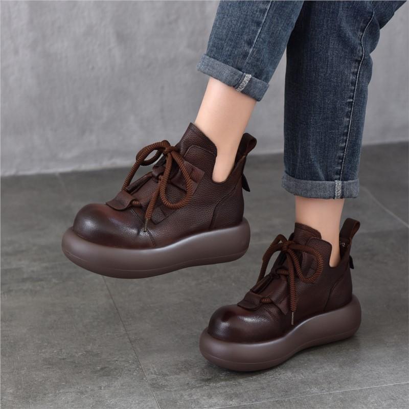 Johnature Retro Lace Up Platform Short Boots Genuine Leather Thick Soled Round Toe Women's Boots