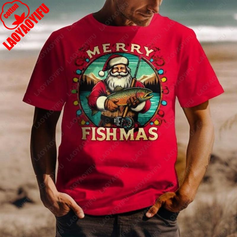 Merry Fishmas Santa Fishing Christmas Tshirt Vintage Classic Fashion Streetwear Camisetas Men Women Cotton Trending Hipster Tees S