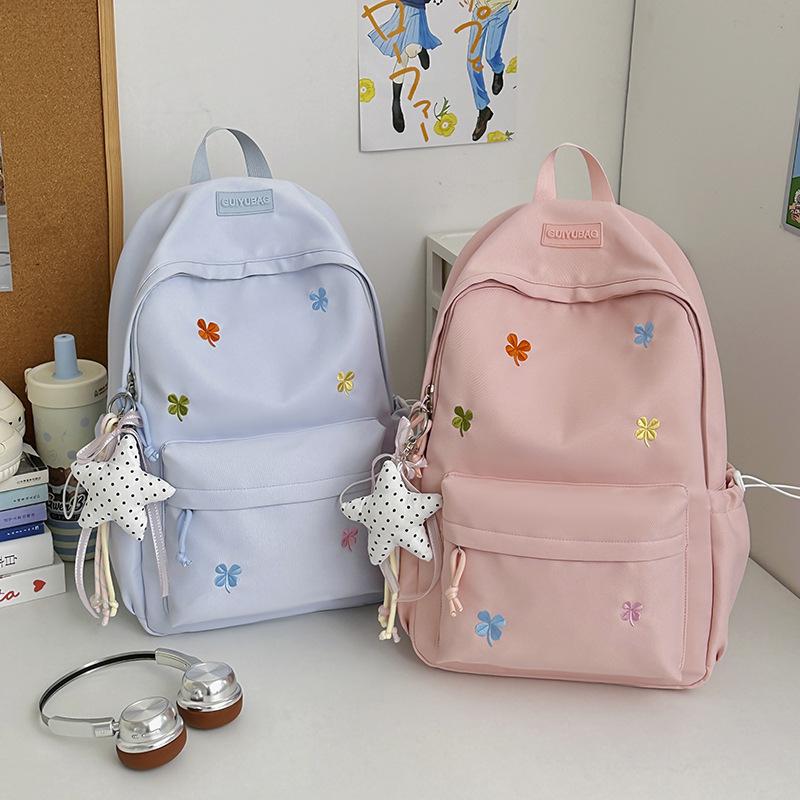 Schoolbag New Middle and High School Student Schoolbag College Style High Value Solid Color Embroidery Large Capacity Backpack Lightweight Backpack