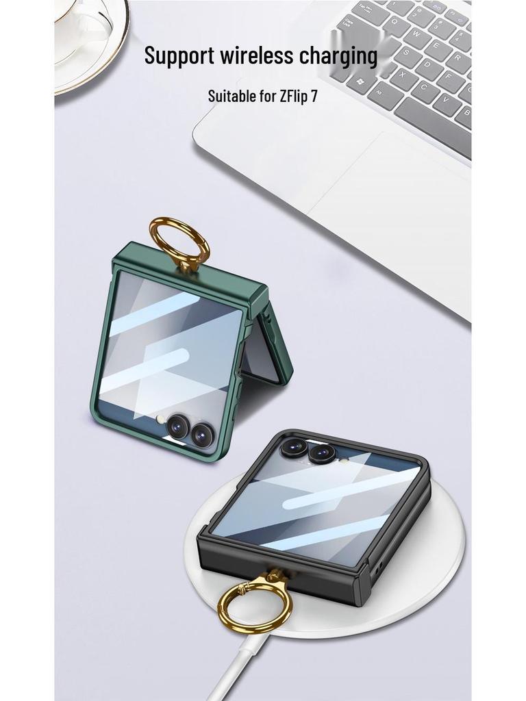 Samsung Z Flip7 Full-Cover Solid Color Case with Hinge Protection and Built-In Ring Stand