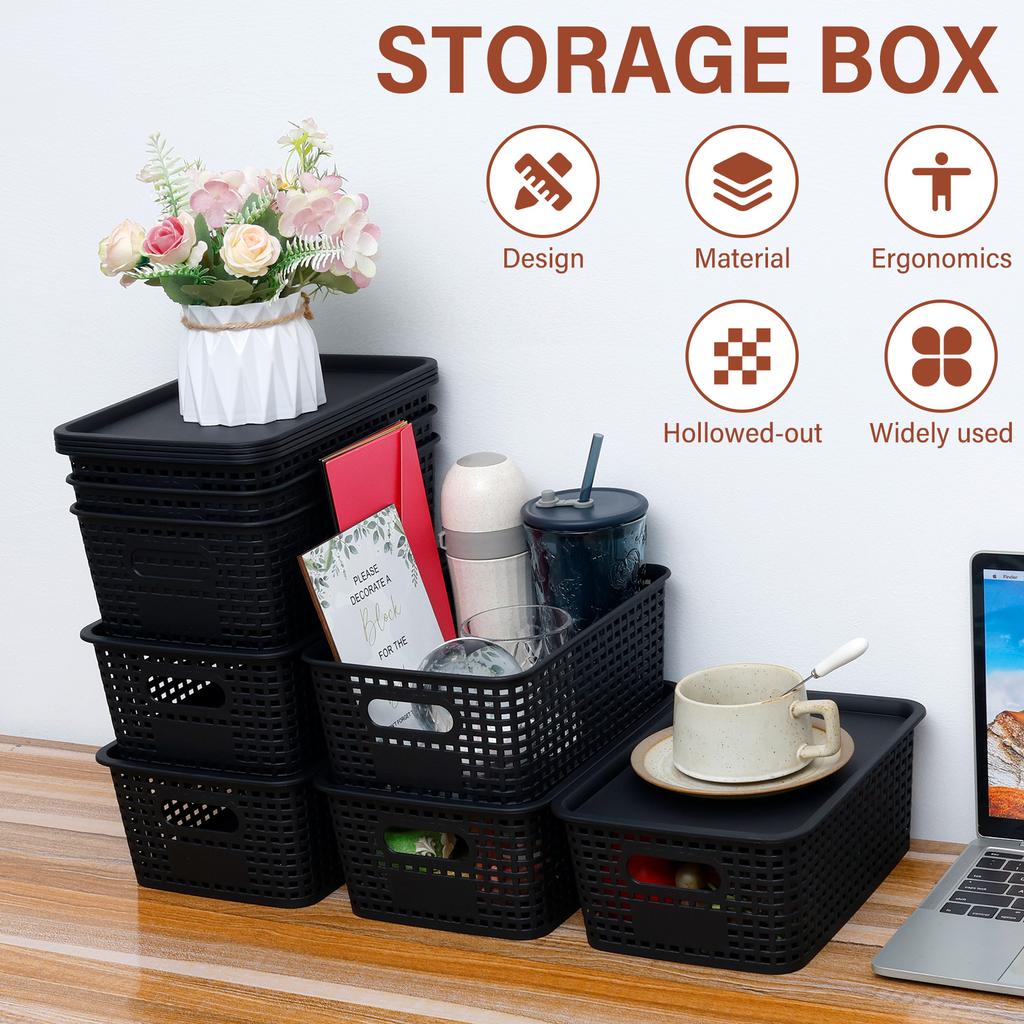 8Pcs Plastic Storage Basket Stackable Desktop Storage Organizer Bin with Handle and Lid Hollowed Out Side Woven Organizer Basket