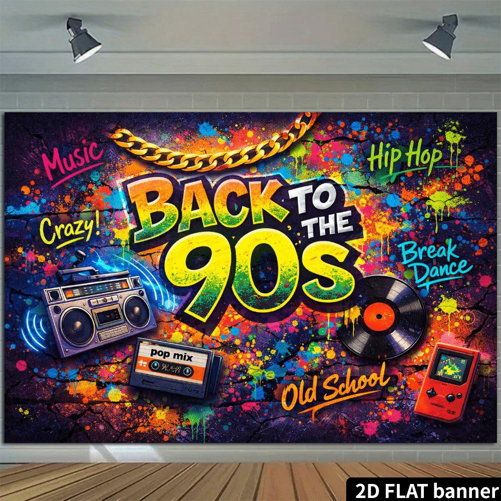 Bannière plate 2D design de tissu de fond nostalgique années 90. L'image est basée sur des murs de briques graffités. """RETOUR AUX ANNÉES 90"""